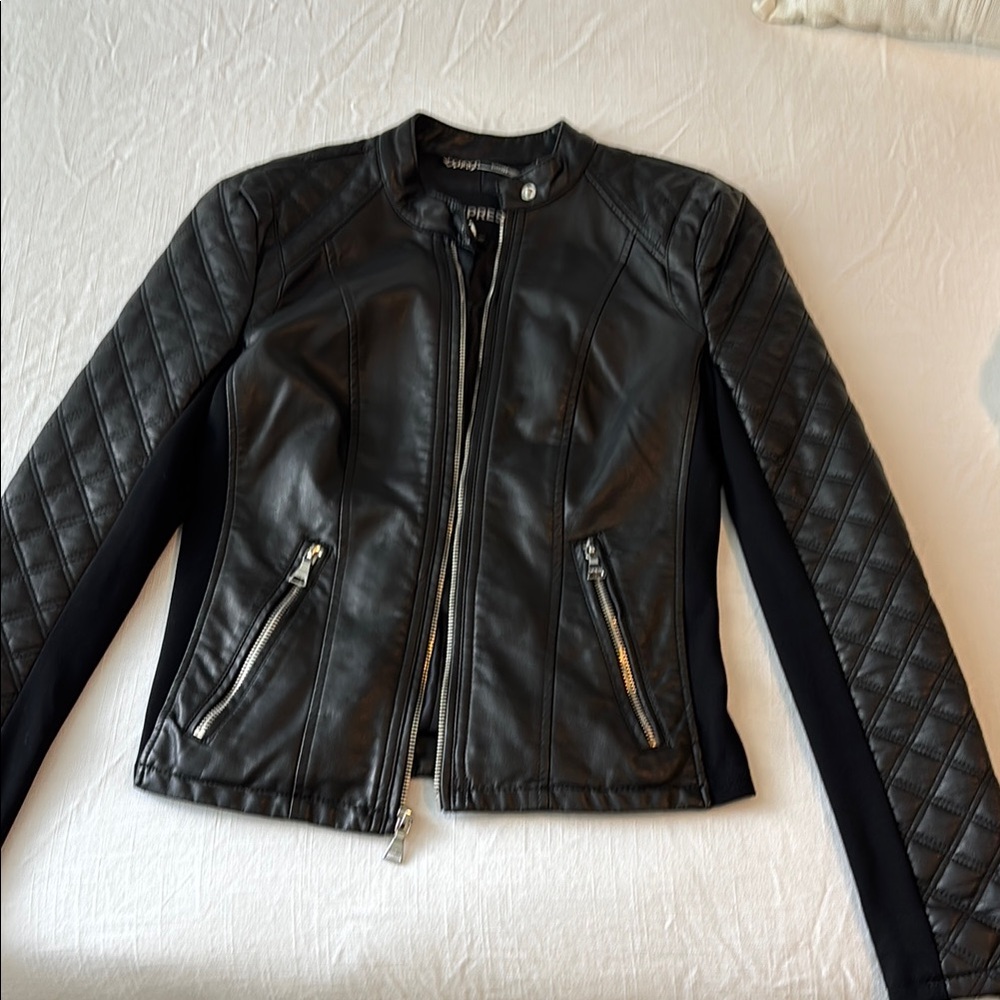 Express Black Vegan Leather Motorcycle Bomber Jacket with Quilted Detailing XS